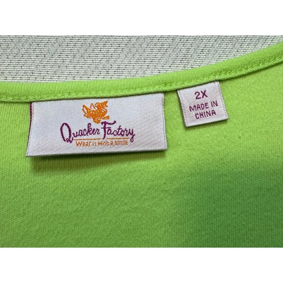 Quacker Factory Womens Beaded V-Neck Tee Top 2X Green Short Sleeve Cotton - Picture 2 of 11